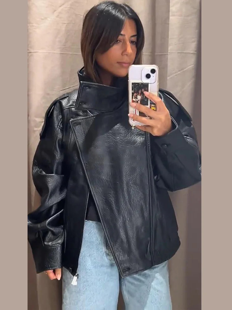 Fashion Leather Women's Jacket Y2k Street Single-breasted High Neck Female Coats 2026 Spring Black Pu Long Sleeve Lady Jackets