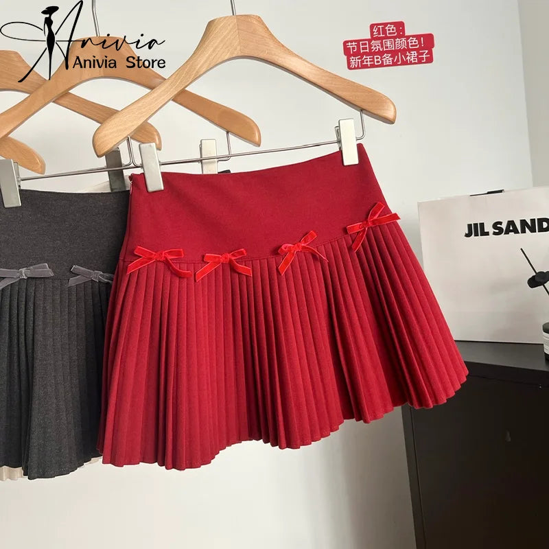 Women's Autumn/Winter Velvet Bow Solid Color Mini Short Skirt High Waist Sweet All match Elegant A-line Pleated Skirt 2024 New