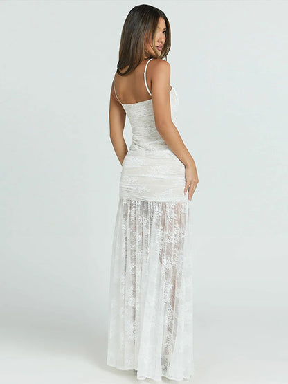 Sexy Lace Spaghetti Strap Dress Women Sleeveless Backless See Through Slim Split Long Dresses 2026 Spring Holiday Lady Robes