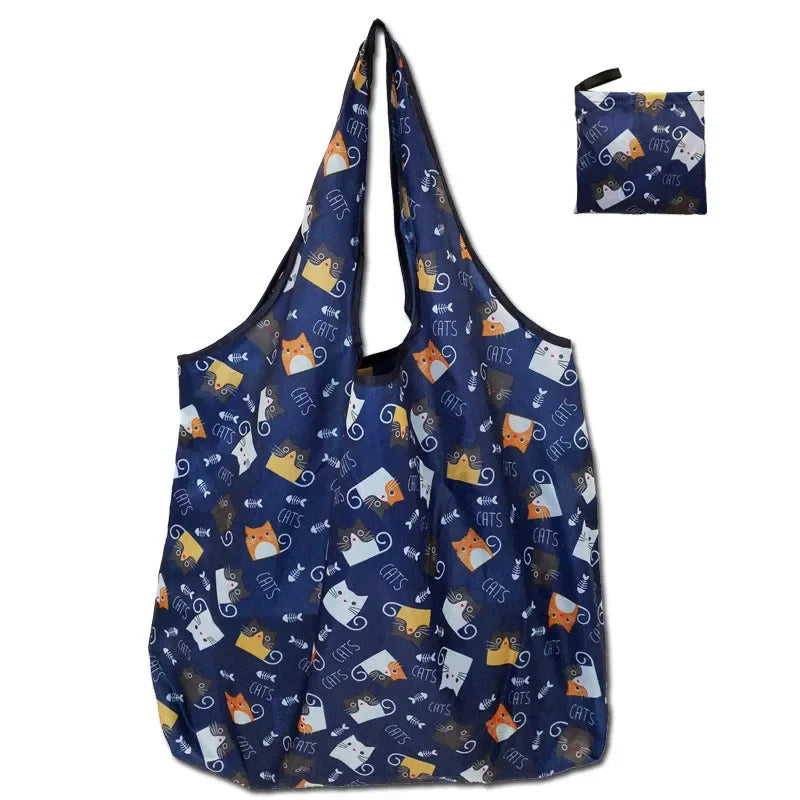 Reusable Shopping Bag Women Cute Fish Cart Flower Print  Nylon Foldable Grocery Bag Creative Eco-Friendly Tote Bag Lightweight