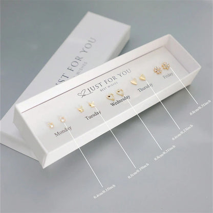 5-Pair Simple Zircon Flower Love Butterfly Earrings Weekly Gift Box for Women's Daily Personalized Festival Anniversary Gift
