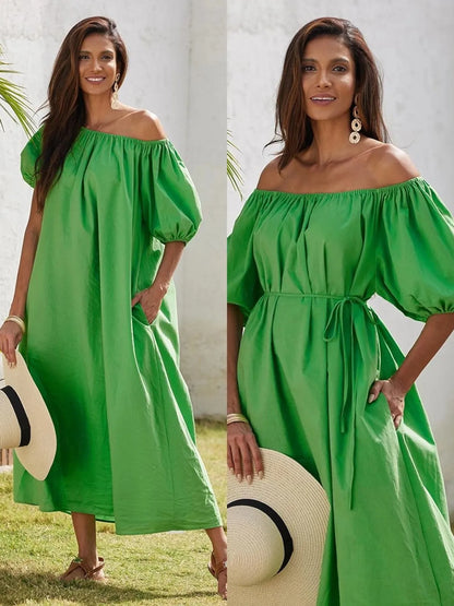 New Dress Casual Puff Sleeves Slant Shoulder Elegant Dress Fashion Green Loose Office Holiday Beach Party Dresses Robe Femme