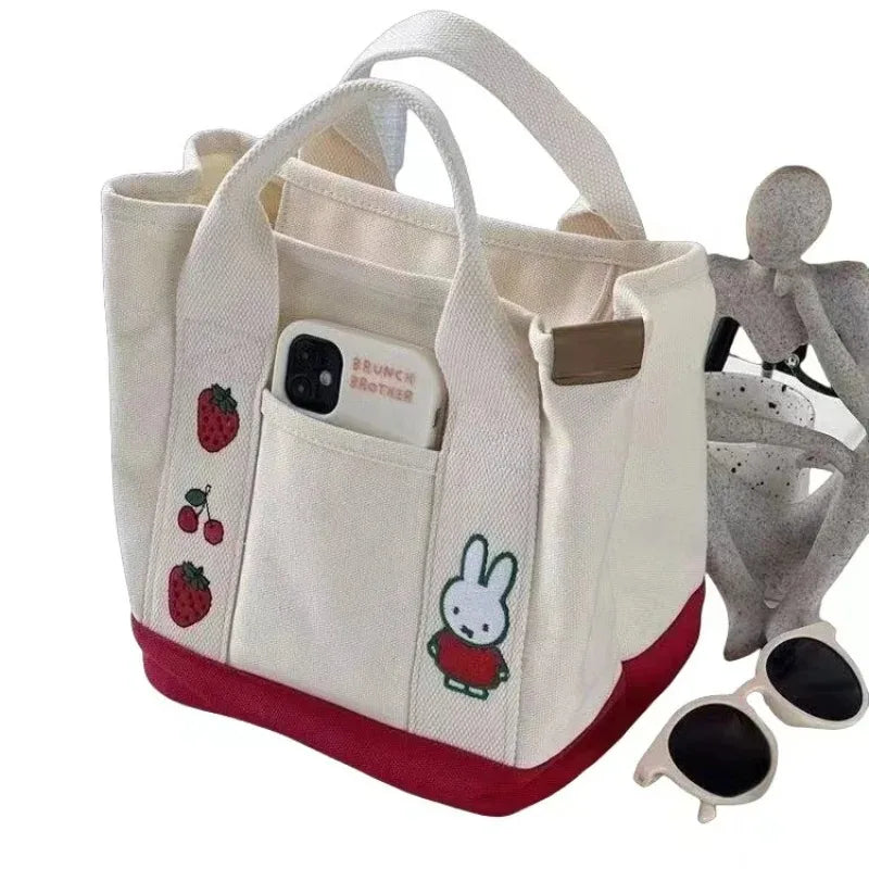 New Anime Kawaii Miffy Embroidery Cute Zipper Bag with Canvas Tote Bag Bento Lunch Box Bag for Friends Christmas Gift
