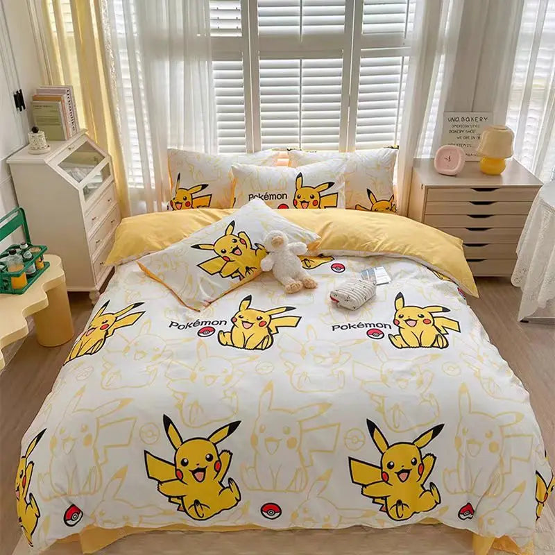 Pokemon Bedding Set Anime Pikachu 3D Duvet Cover Cute Polyester Bed Sheet Set Quilt Bedspread Set Children Comforter Bedding