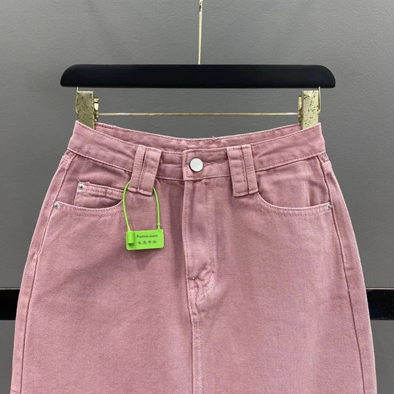Women's High-waisted Denim Skirt 2026 New Pink A-shaped Back Split Hip Wrap Long Skirt