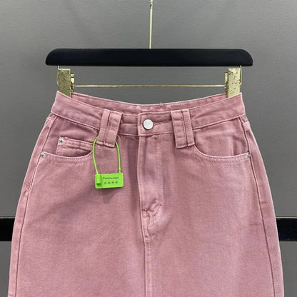 Women's High-waisted Denim Skirt 2026 New Pink A-shaped Back Split Hip Wrap Long Skirt