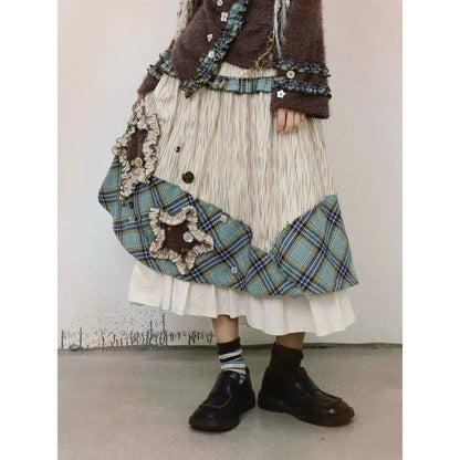 Autumn/Winter Retro Plaid Long Skirt Wandering Style High Waist Slimming Spliced A-line Loose Casual Vintage Skirt for Women