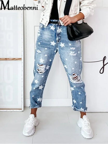 New Autumn Boyfriend Jeans Woman Slim Hole Jeans For Ladies With Five-Pointed Star Ripped Jeans Street Casual Blue Denim Pants