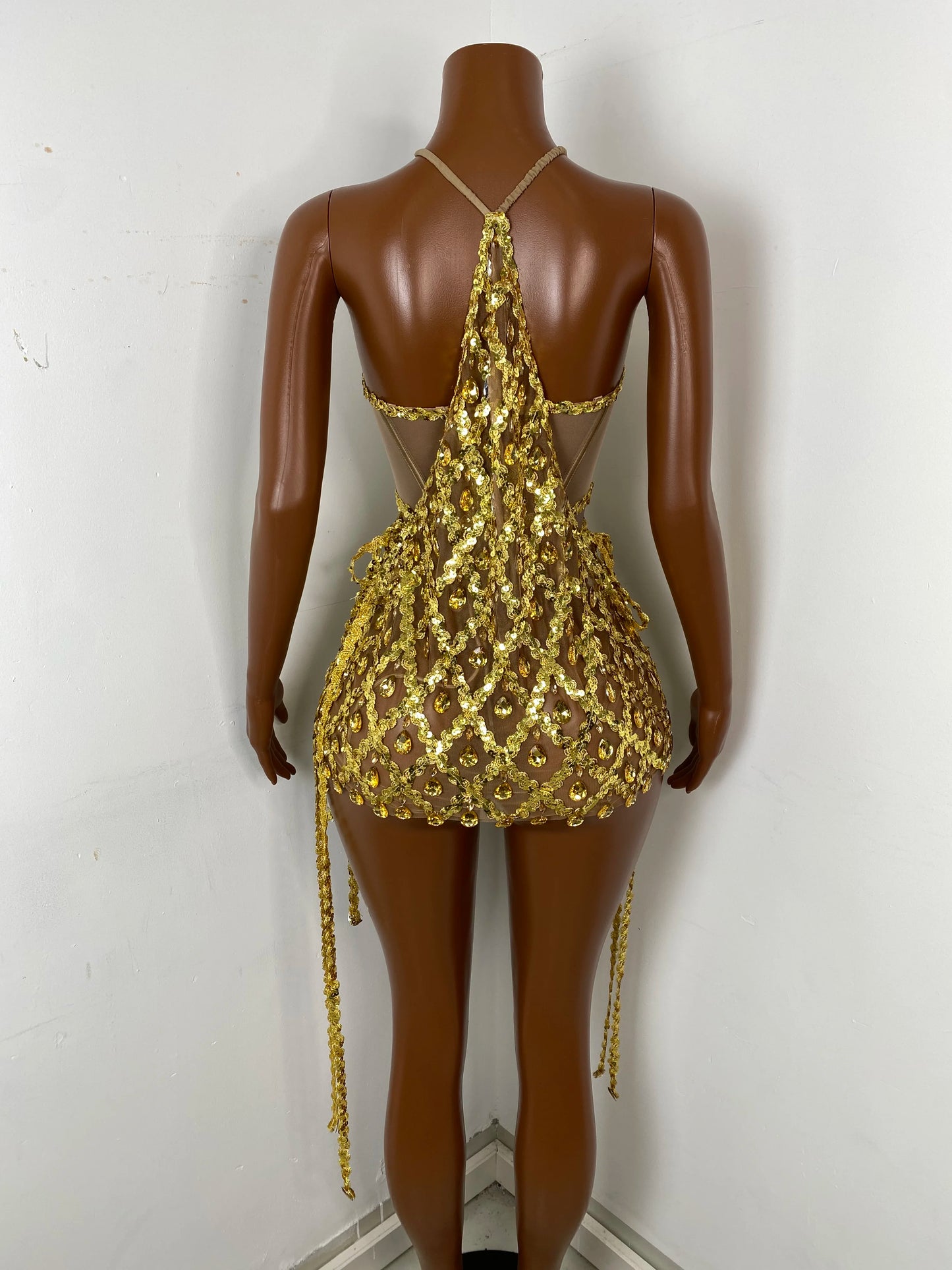 Women Sexy Sleeveless Pink Gold Diamonds Mini Dress Birthday Party Costume Bar Nightclub Stage Performance Clothing