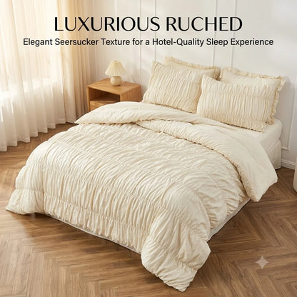 Ruched Comforter Luxury Pinch Pleat Bedding Set, Ultra Soft Washed Cotton Boho Quilt Set with Ruffled Pillow Shams 3-Piece
