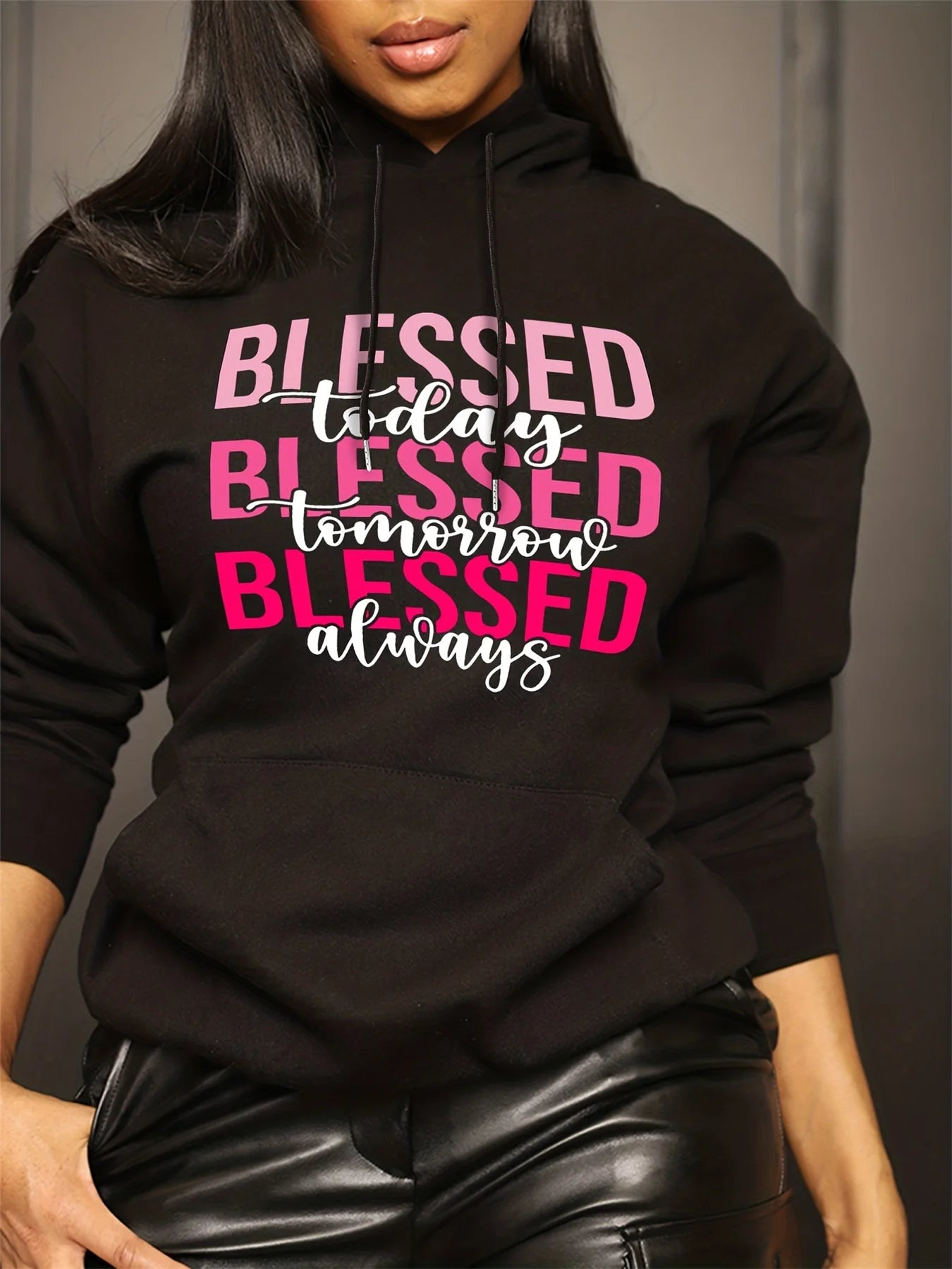 Women's casual fashion hoodie sweatshirt blessed letter print round neck long sleeved autumn and winter warm regular version