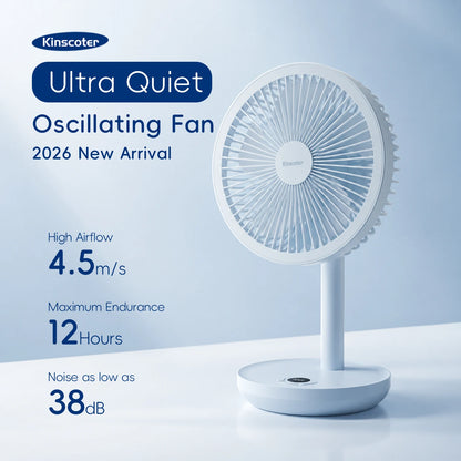 KINSCOTER Smart Oscillating Desk Fan 4000mAh USB Angle Adjustable Silent Rechargeable Fan 5 Wind Speeds for Home/Office/Gift
