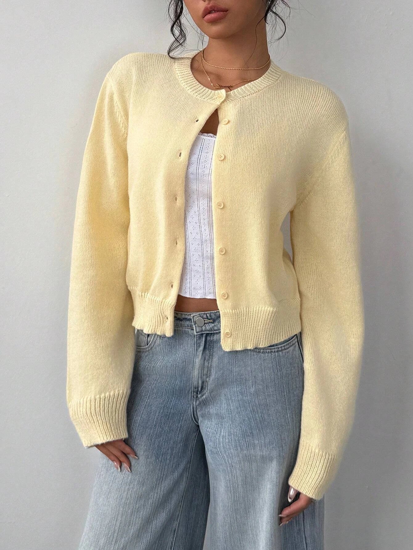 Women's Casual Solid Color Round Neck Long Sleeve Loose Cropped Top Single-breasted Sweater Cardigan Streetwear Autumn/Winter