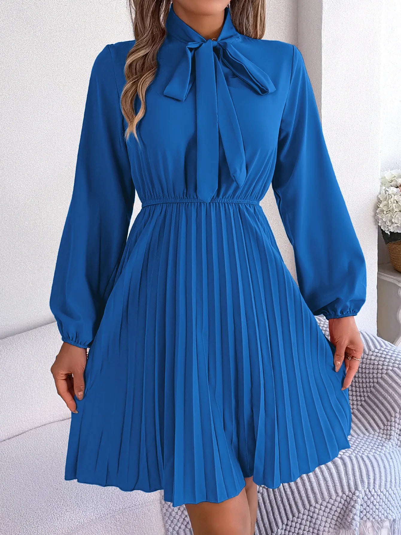 Women Fall Vacation Elegance V Neck Solid Tie Waist Ruffle Hem Pleated Midi Dress Long Sleeve Wedding Dress