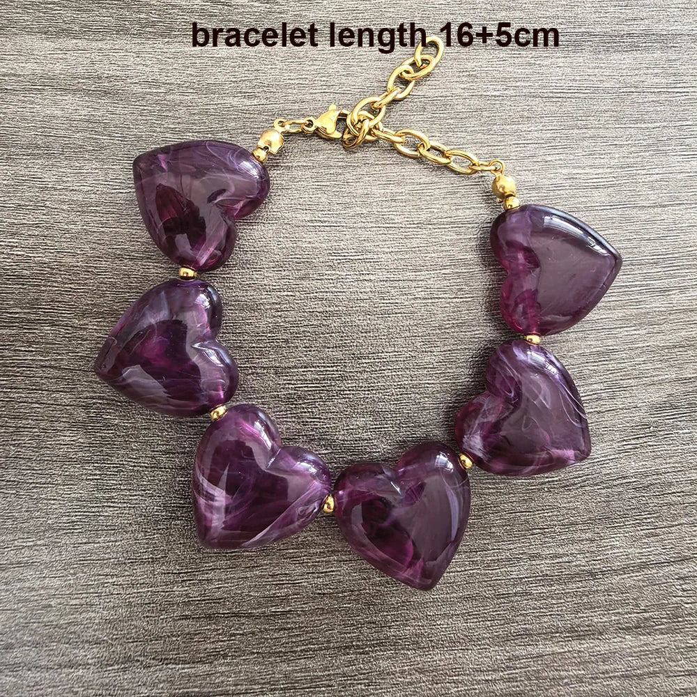 Big Love Heart Necklace Women Choker Statement Bracelet Gold Color Acrylic Beads Stainless Steel PVD Waterproof White Beige Red