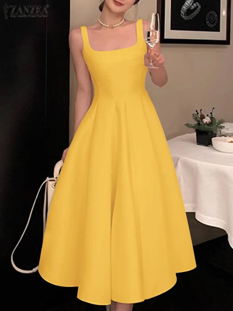 ZANZEA Women Sleeveless Tank Dress Vintage Solid A-line Dresses 2024 Summer Holiday Waisted Robe Casual Square Collar Midi Robe