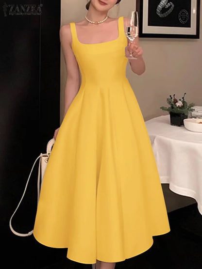 ZANZEA Women Sleeveless Tank Dress Vintage Solid A-line Dresses 2024 Summer Holiday Waisted Robe Casual Square Collar Midi Robe