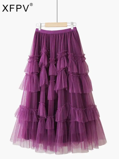 XFPV 2025 Autumn Summer Fashion Elegant Purple Cake Skirt Women Ruffles All-Match Mesh Stitching High Waist Midi Faldas SM1982