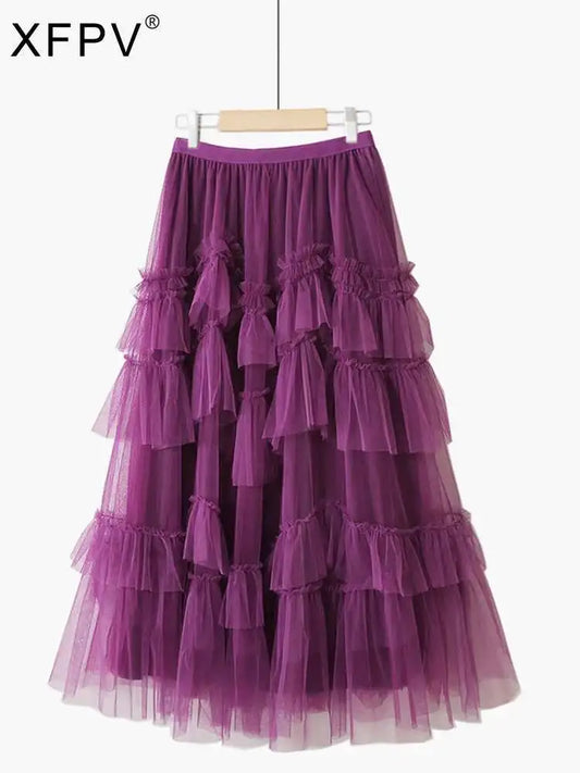 XFPV 2025 Autumn Summer Fashion Elegant Purple Cake Skirt Women Ruffles All-Match Mesh Stitching High Waist Midi Faldas SM1982