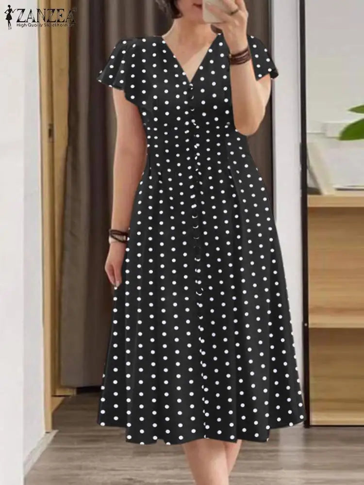 ZANZEA Elegant Women Midi Dresses 2024 Fashion Ruffle Sleeve Polka Dots A-line Vestidos Casual V Neck Commute Party Robes Femme