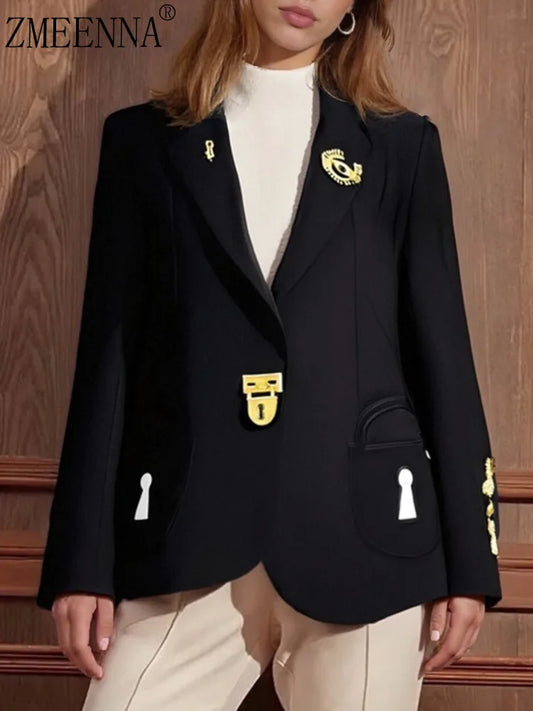 ZMEENNA Elegant Black Blazer For Women With Lock And Key Details And Gold Adornments Stylish And Unique Outerwear ZM4108