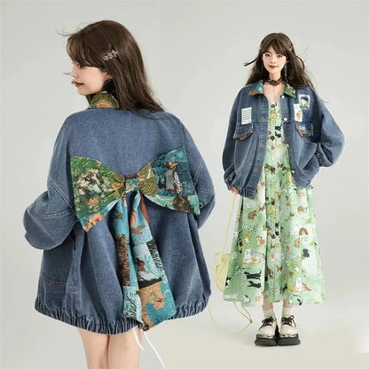 French Female Jacquard Bow Jeans Jacket Ladies Fashion Leisure Cowboy Outwear Spring Autumn Women Long Sleeves Denim Tops Coat