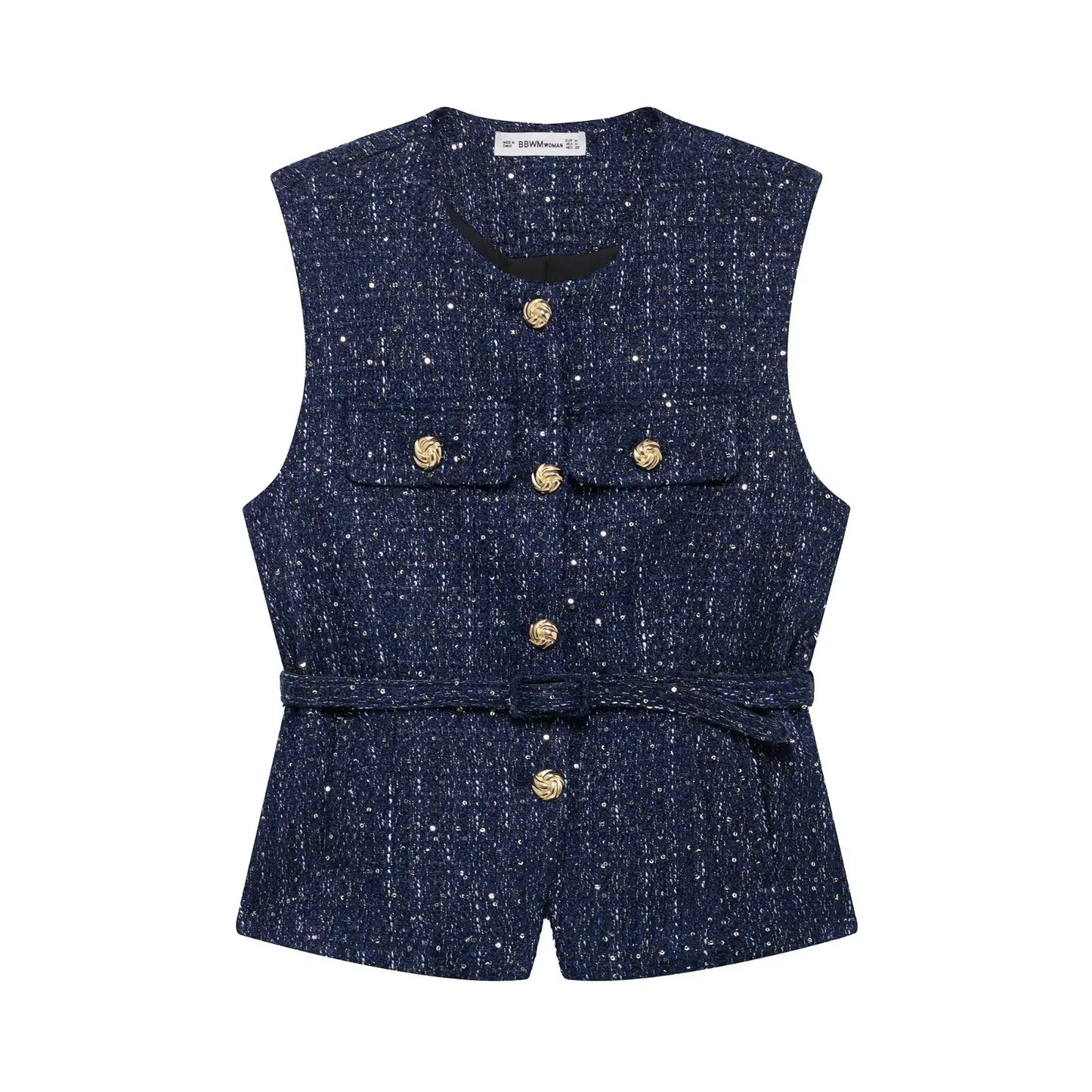 HH 2025 Elegant Women's Texture Belt Waistcoat Summer O-Neck Sleeveless Buttons Vest Jacket Female Slim Commuter Vest Tops