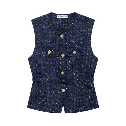 HH 2025 Elegant Women's Texture Belt Waistcoat Summer O-Neck Sleeveless Buttons Vest Jacket Female Slim Commuter Vest Tops