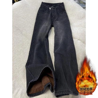 American High Street INS Trendy Wide Leg Jeans for Women Autumn Winter Plus Velvet Thick High Waist Loose Narrow Straight Pants