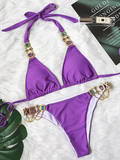 Halter Crystal Rhinestone Diamond Bikini 2025 Female Swimsuit Women Swimwear Two Pieces Bikini set Brazilian Bathing Suit Swim