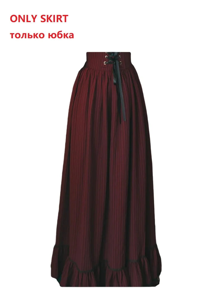 Gothic England Style Women Cosplay Palace Shirt Long Skirt Set Classic Black Lace Ruffle Shirt High Waist Bandage Skirts Femme