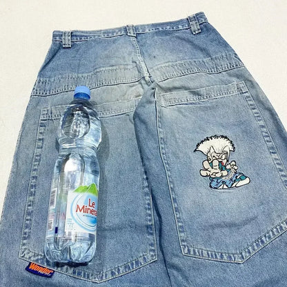 Y2K Baggy Jeans Women Cartoon Characters Embroidered Light Blue Washed Denim Jeans Harajuku Goth Skateboard Pants Street Clothes