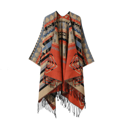 Poncho New Split Warm Shawl Vintage Ethnic Style Scarf Imitation Cashmere Tassel Women Cape Lady Cloak Warm Coat Khaki