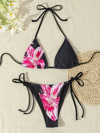 2025 New Flower Print Bikini Set Women's High Waist Long Skirt 3 Piece Swimsuit Sexy Mini Triangle Backless Thong Bathing Suit