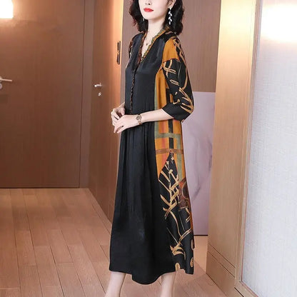 Vintage Printed Spliced A-Line Long Dress Spring Summer Casual V-Neck Women's Clothing Commute Half Sleeve Waist Loose Dresses