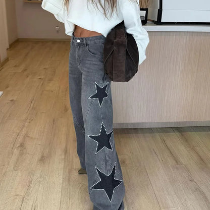 Classic Studded Denim Jeans Pant Women's Star Patchwork Baggy Pants Wide Leg  Trendy Streetwear Casual Daily Female Trousers