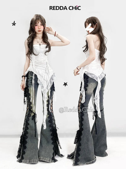 REDDACHiC Y2k Low Waist Strappy Jeans Bell Bottoms Retro Stitch Lace Hollow Eyelets Split Stretch Bootcut Pants Women Streetwear
