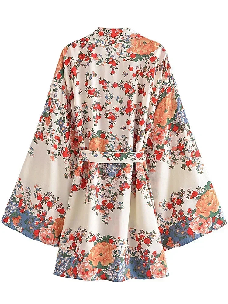 Multi Floral Print Rayon Bohemian Kimono wedding robe Women Batwing Sleeves Happie Short Robe Boho  Bridesmaid Cover-ups