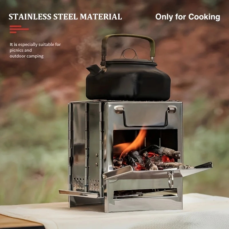 Portable Stainless Steel Mini Firewood Stove - Compact Outdoor Cooking Stove for Camping, Picnic & BBQ with Carry Bag