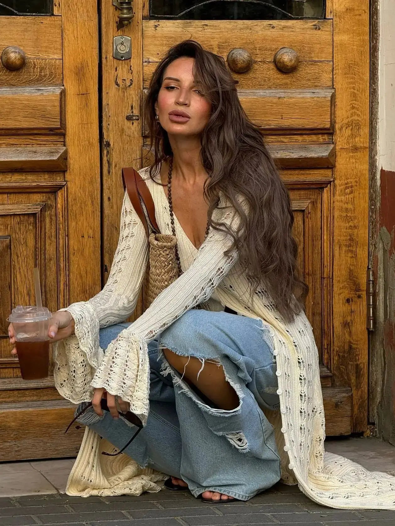 Hollow Breasted Sweater Long Dress Women Summer Party Dresses Cover Up Elegant Slim Split Maxi Vestidos Holiday Beach Robe