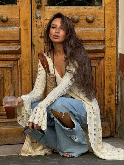 Hollow Breasted Sweater Long Dress Women Summer Party Dresses Cover Up Elegant Slim Split Maxi Vestidos Holiday Beach Robe