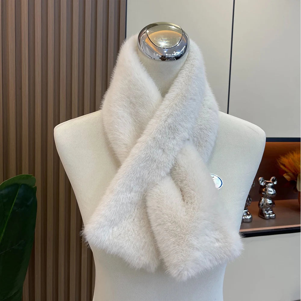 Plush Cross Women's Scarf Winter Thickened Soft Furry Neck Warmer Cute Solid Color Faux Rabbit Fur Scarf Women Collar Scarf New