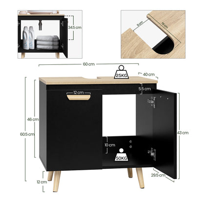 Bathroom Cabinet with 2 Doors Storage Undersink 60x40x60.5cm White/Black Vanity Unit Floor-Standing Toilet Home Furniture