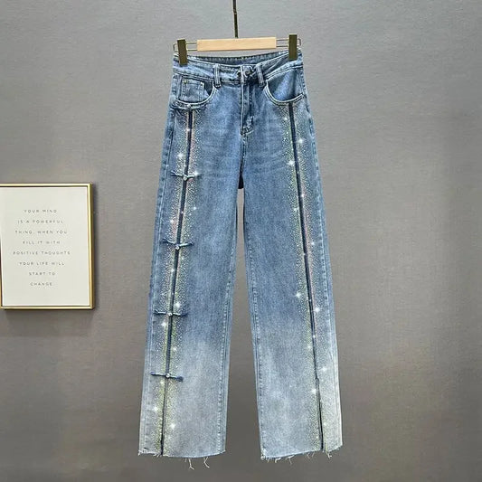 Rhinestone Jeans Women's Wide-Leg Pants 2023 Spring New High Waist Loose and Slimming Mop Pants Fashionable Trousers