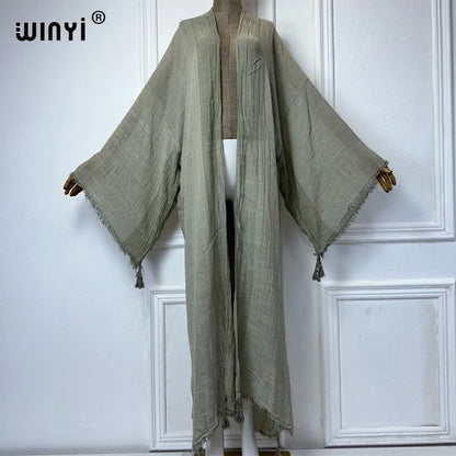 WINYI kimono Make an old fringed cardigan abaya dubai luxury Elegant beach outfits for women sexy cotton feeling dress kaftan