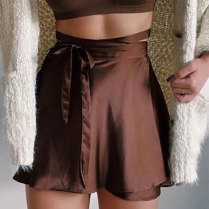 Wrap Green Satin Mini Skirt Women Ruffle Black Vintage Style Korean Silk Pink Skirts Short Kawaii Lolita Clothing Summer Beach