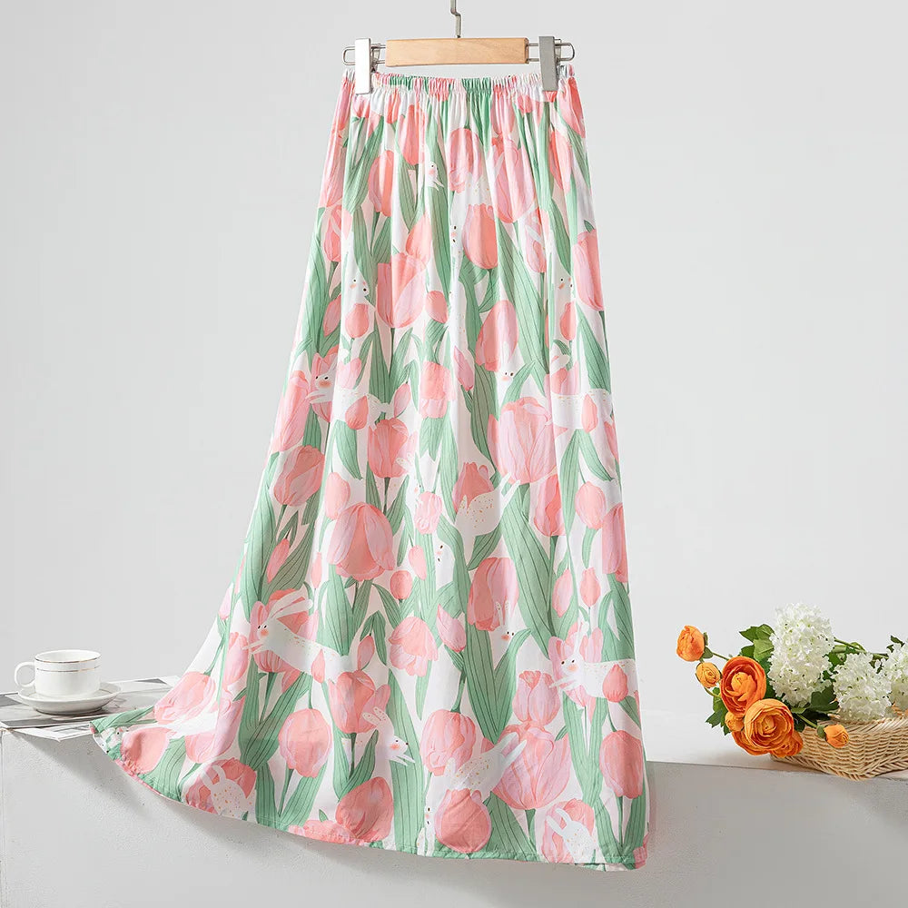 New 2024 Elegant Women Tulle Skirt Korean Fashion Boho Floral A Line Ladies Pleated Skirt Summer Chic High Waist Party Vestidos