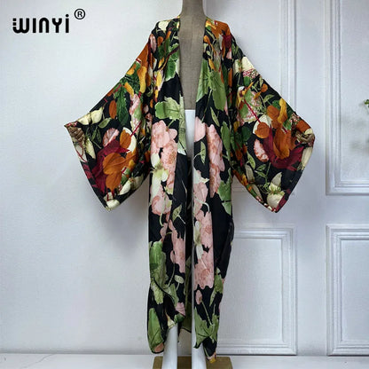 2024 WINYI Summer print Beach Wear Swim Suit elegant Africa women boho Cardigan sexy Holiday long Sleeve Kimono fashion abaya