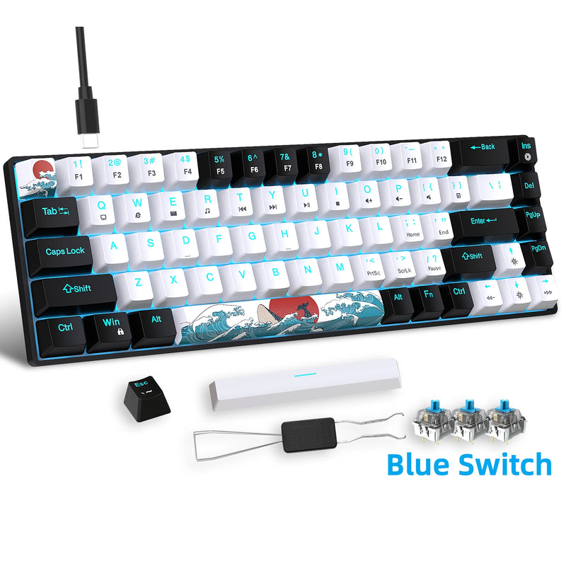 Mechanical Gaming Keyboard, 68 Keys Gaming Keyboard With Blue/Switches, Detachable Type-C Cable Mini Keyboard With Blue Light
