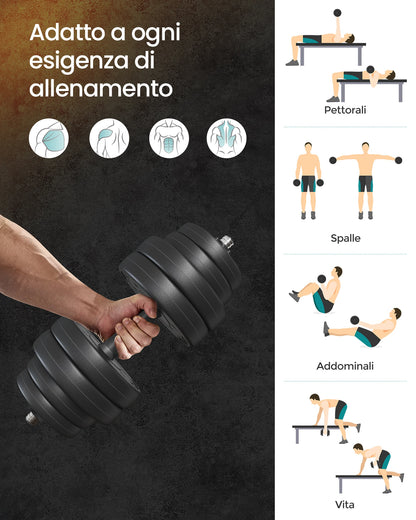 SONGMICS 2-in-1 Dumbbells Set, 2 x 15 kg Adjustable Dumbbells with Extra Barbell Bar, Plastic-Coated Weight Plates